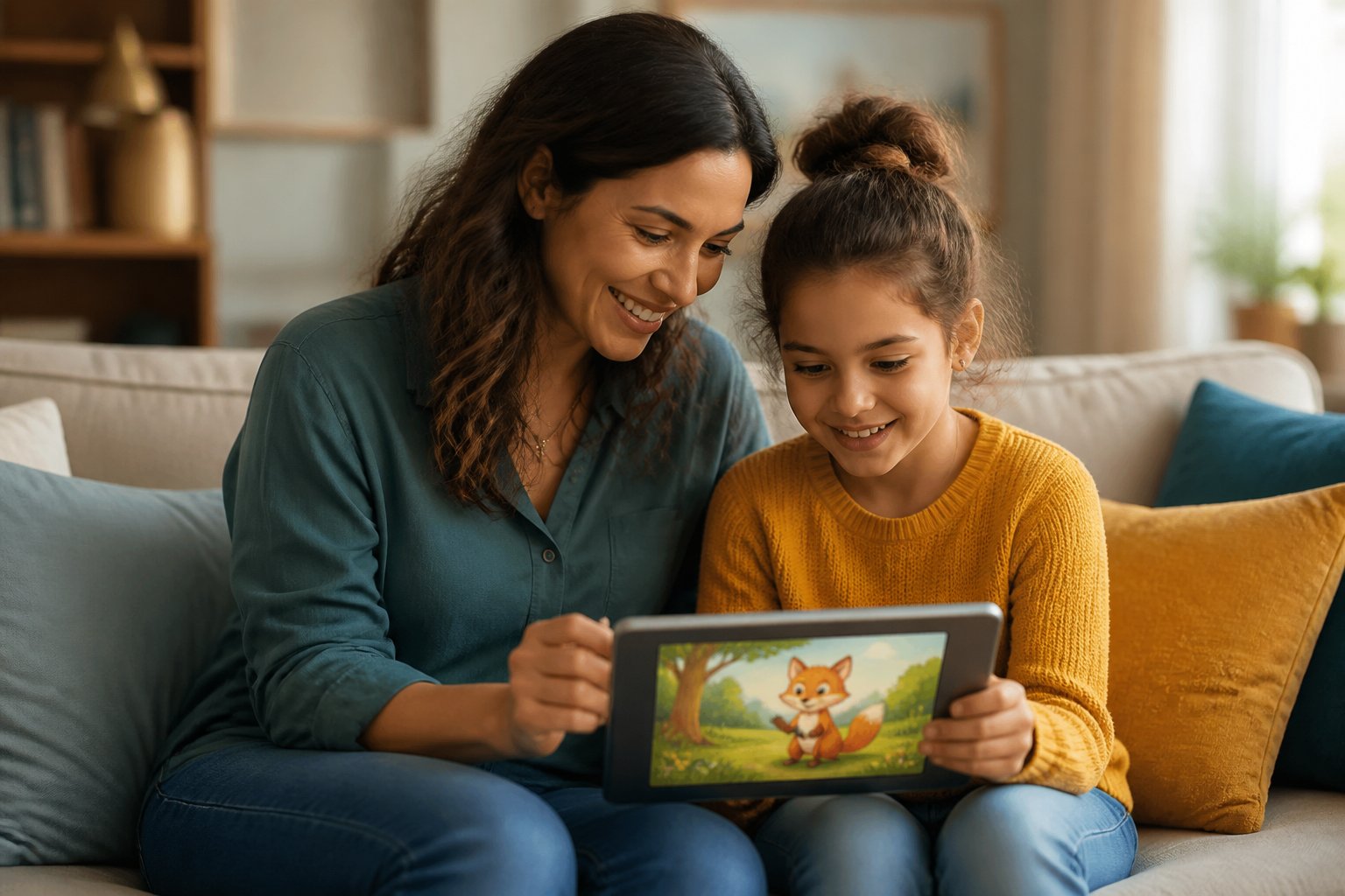 Parent and child learning together on a tablet